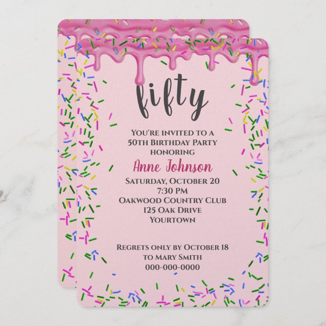 Invitation 50e Anniversaire Pink Icing Et Sprinkles (Devant / Derrière)