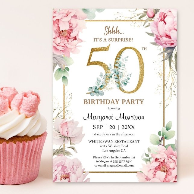 Invitation 50e anniversaire Pink Peony Elégant Floral (Créateur téléchargé)