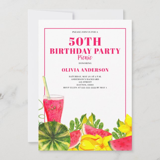 Invitation 50e anniversaire Pique-nique Pink Watermelon (Devant)