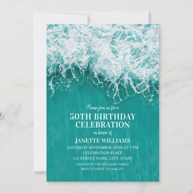 Invitation 50e anniversaire Plage Vague Turquoise Océan Nauti (Devant)