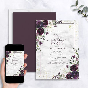 Invitation 50e Anniversaire Plum violet or Aquarelle marbre