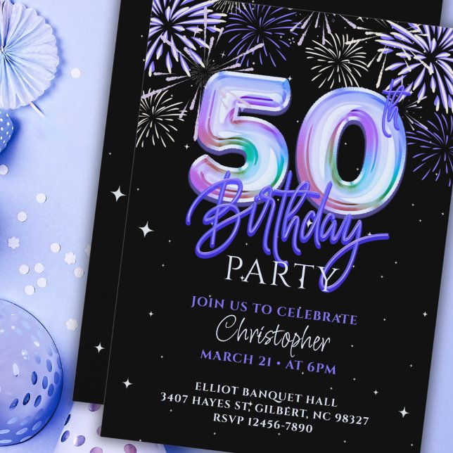 Invitation 50e anniversaire pour lui Blue Fireworks Foil Ball (Créateur téléchargé)