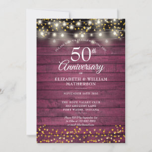 Invitation 50e Anniversaire Red Rustic Wood Gold Hearts