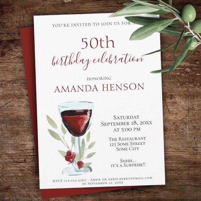 Invitation 50e anniversaire Red Wine Watercolor Party (Créateur téléchargé)