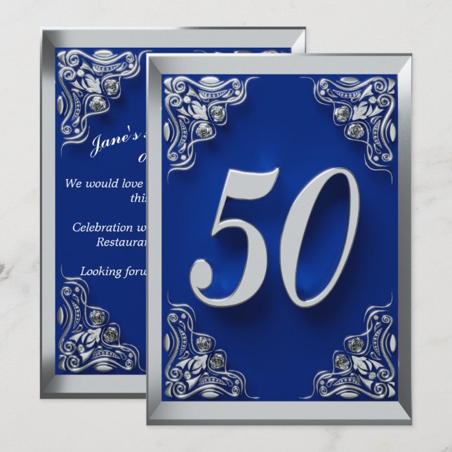 Invitation 50e anniversaire Regal Argent et Bleu (Devant / Derrière)