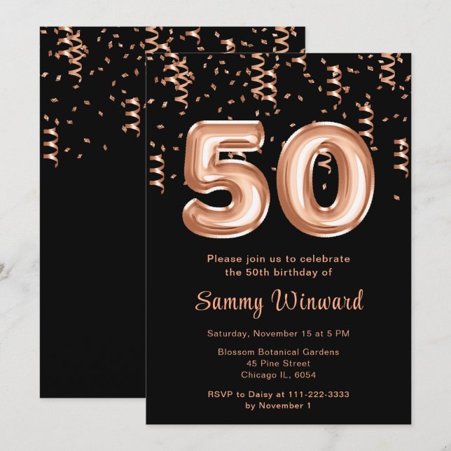 Invitation 50e anniversaire Rose Ballons d'or avec Confetti (Devant / Derrière)