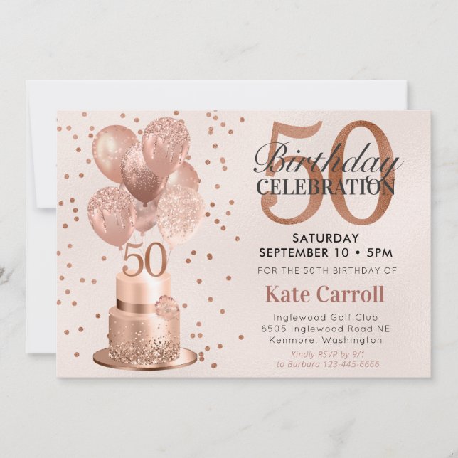 Invitation 50e anniversaire Rose Gold Cake (Devant)