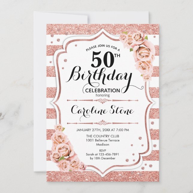 Invitation 50e anniversaire - Rose Gold White Stripes (Devant)