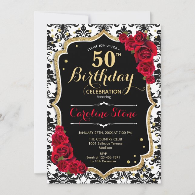 Invitation 50e anniversaire - Roses rouges Or noir Damas (Devant)
