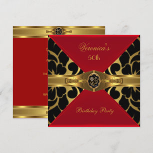 Invitation 50e anniversaire Rouge Or Noir Damas fleuri Bijou