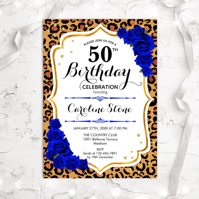Invitation 50e anniversaire - Royal Blue Gold Empreinte de lé (Créateur téléchargé)