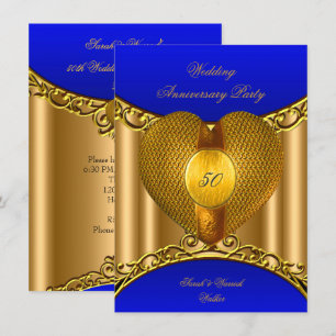 Invitation 50e Anniversaire Royal Blue Gold Golden Heart