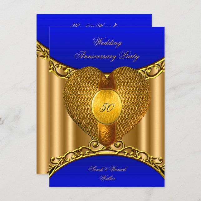 Invitation 50e Anniversaire Royal Blue Or Cœur Doré (Devant / Derrière)