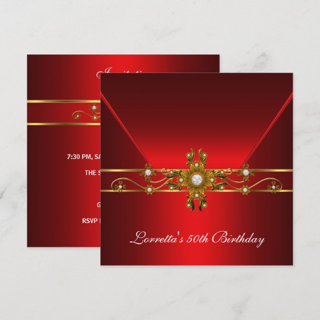 Invitation 50e anniversaire Royal Red Elegant Gold Jewel (Devant / Derrière)