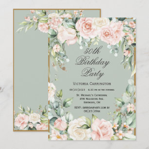 Invitation 50e Anniversaire Sage vert rose