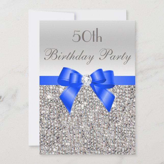 Invitation 50e anniversaire Séquin d'argent Royal Blue Bow Di (Devant)