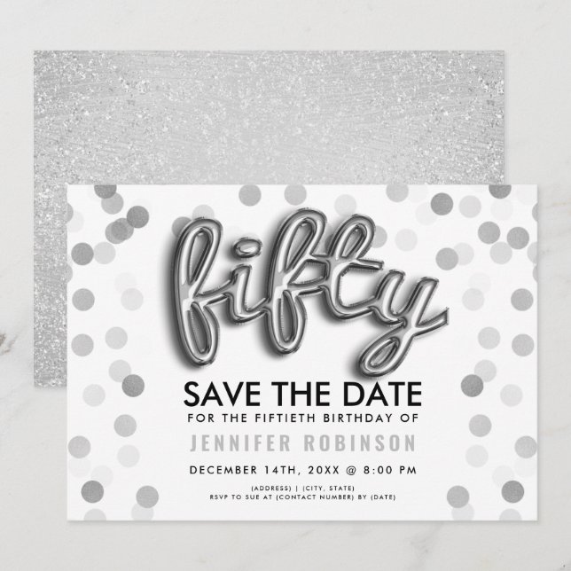Invitation 50e anniversaire Silver Balloons Parties scintilla (Devant / Derrière)