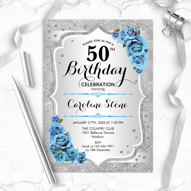 Invitation 50e anniversaire - Silver Stripes Icy Blue Roses (Créateur téléchargé)