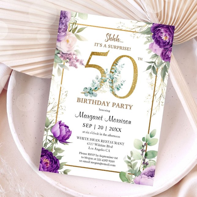 Invitation 50e Anniversaire Soirée Elegant Gold Purple Peony (Créateur téléchargé)