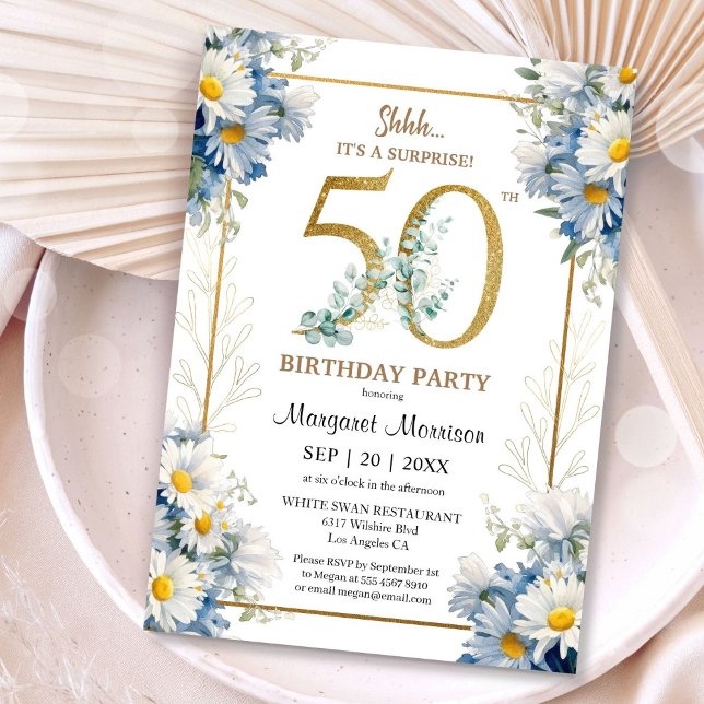 Invitation 50e Anniversaire Soirée Gold Elegant Daisy Floral (Créateur téléchargé)