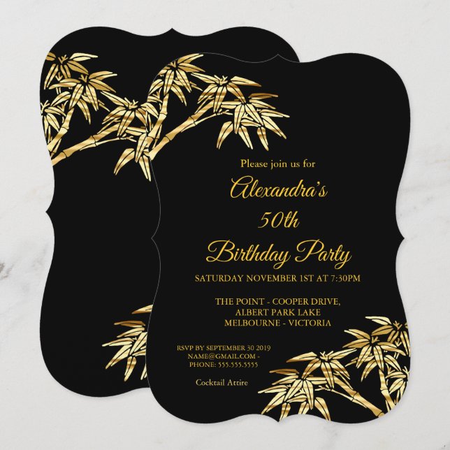 Invitation 50e Anniversaire Soirée Gold Golden Bambou Noir (Devant / Derrière)