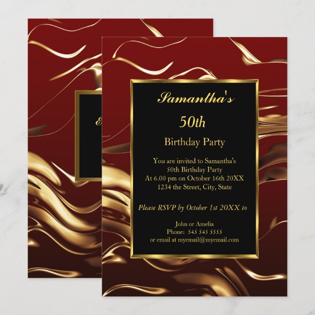 Invitation 50e Anniversaire Soirée Gold Noir Bourgogne Abstra (Devant / Derrière)