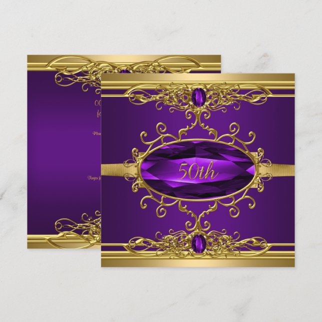 Invitation 50e Anniversaire Soirée Gold Purple Diamond (Devant / Derrière)