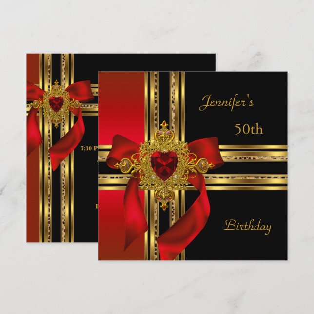 Invitation 50e Anniversaire Soirée Rouge Coeur d'or (Devant / Derrière)
