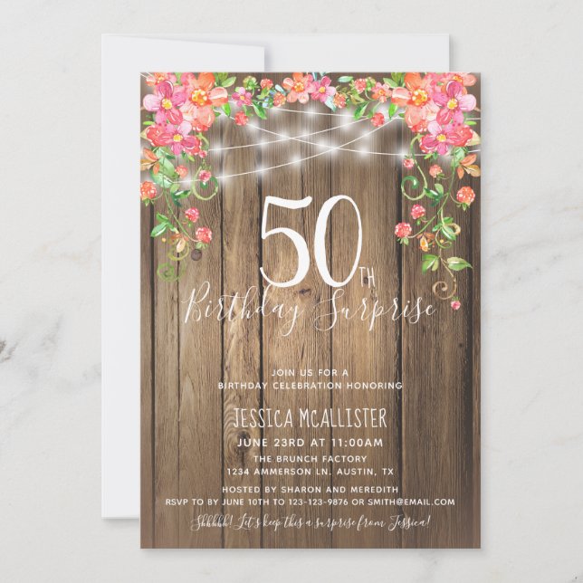 Invitation 50e anniversaire Surprise Brunch Rustic Floral Woo (Devant)