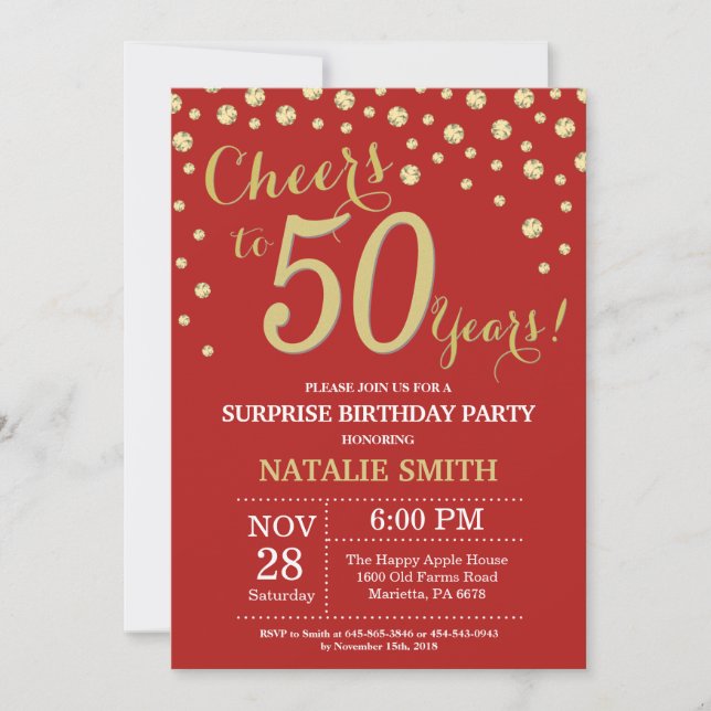 Invitation 50e anniversaire surprise Diamant rouge et or (Devant)