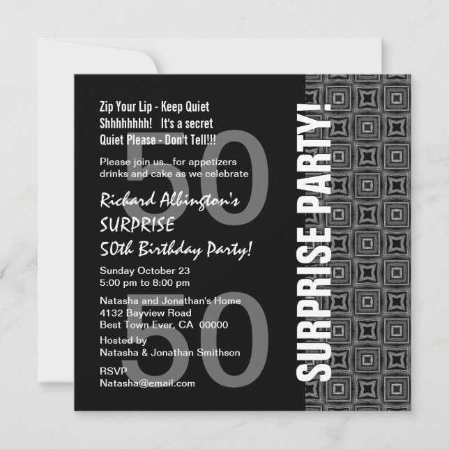 Invitation 50e anniversaire surprise Gris noir blanc moderne (Devant)