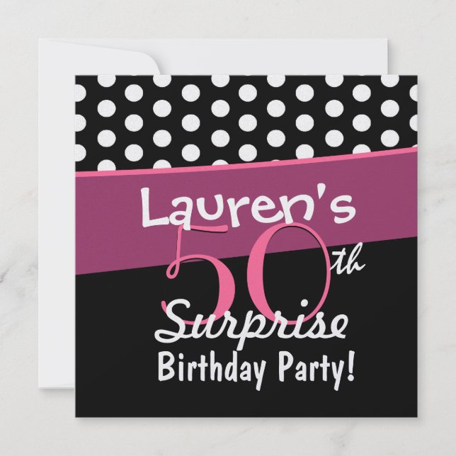 Invitation 50e anniversaire surprise Noir Blanc Pois rose (Devant)
