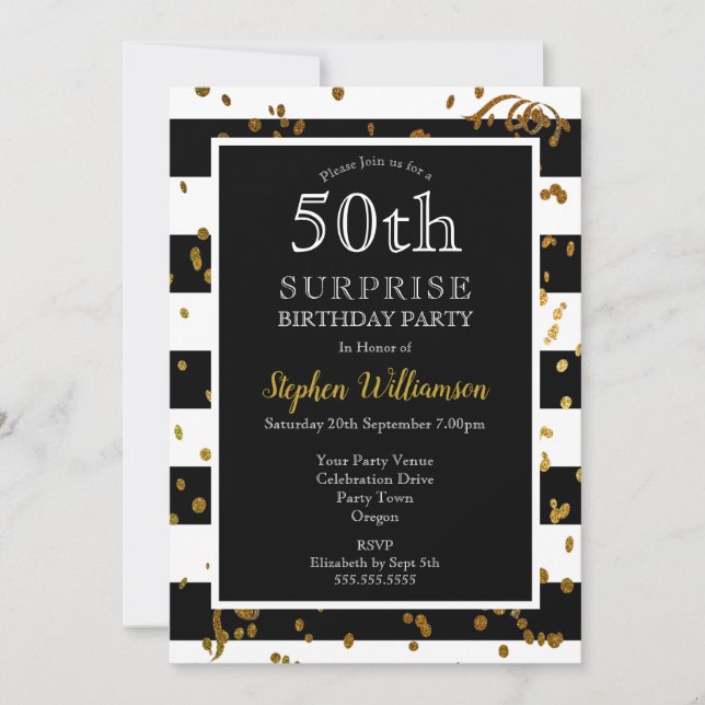 Invitation 50e anniversaire surprise Noir et blanc | PARTIES  (Devant)