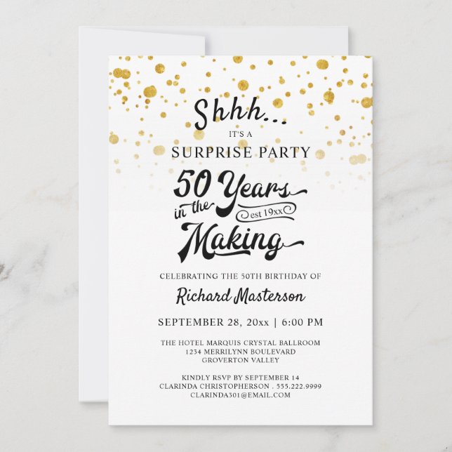 Invitation 50e anniversaire Surprise Party Retro Gold Confett (Devant)