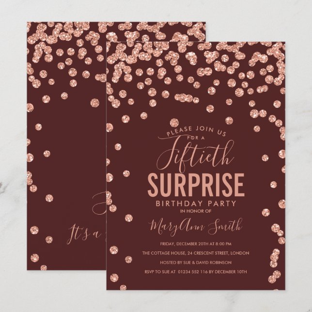 Invitation 50e Anniversaire Surprise Rose Gold Bourgogne (Devant / Derrière)