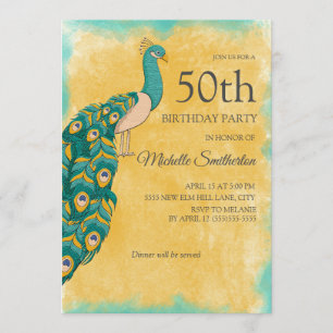 Invitation 50e anniversaire Turquoise Aquarelle jaune Peacock