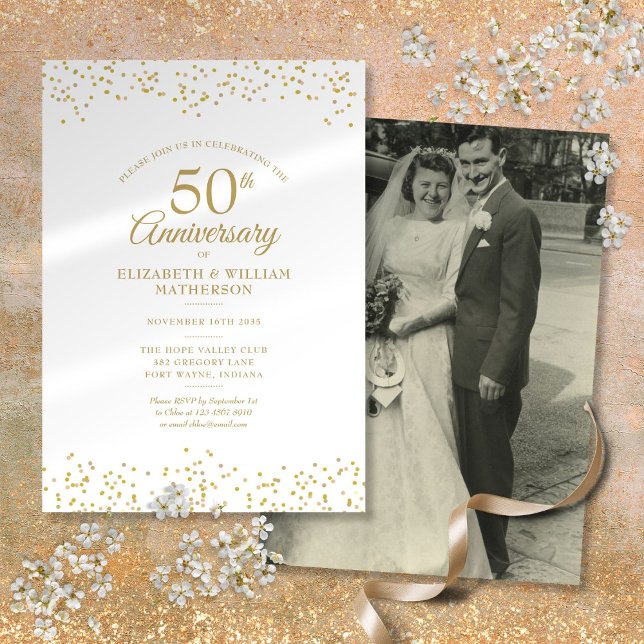 Invitation 50e anniversaire Votre photo Mariage Poussière d'o (50th Anniversary Your Wedding Photo Gold Dust Invitation)