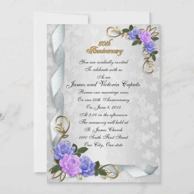 Invitation 50e anniversaire vow renouveau bleu & lavande rose (Devant)