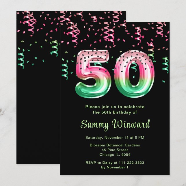 Invitation 50e anniversaire Watermelon Balloons avec Confetti (Devant / Derrière)