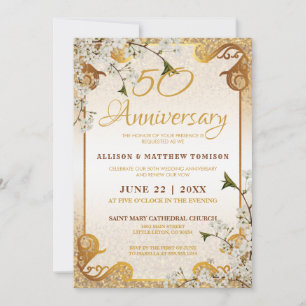 Invitation 50e Cadre de Fête de Mariage Floral avec Paillette