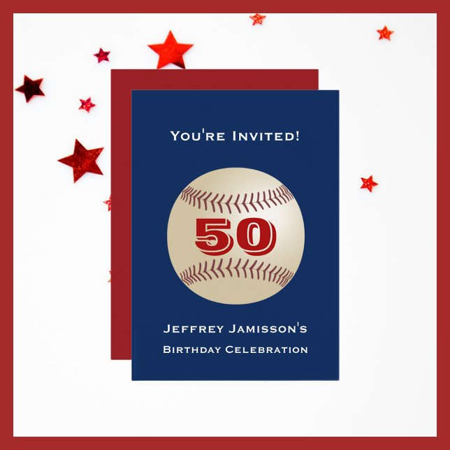 Invitation 50e fête d'anniversaire, baseball bleu et rouge (Créateur téléchargé)