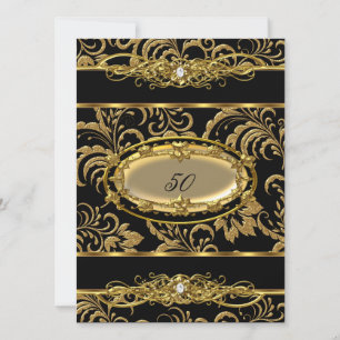 Invitation 50e fête d'anniversaire Black Gold Damask Floral