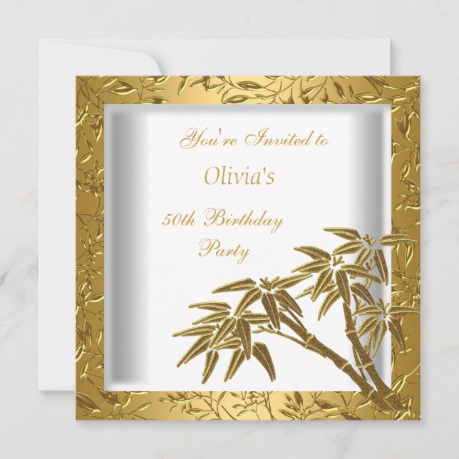 Invitation 50e fête d'anniversaire Blanc or Bambou Floral asi (Devant)