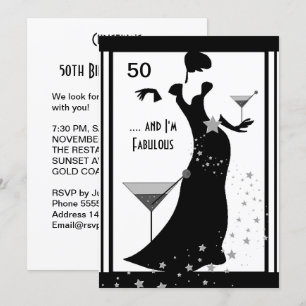 Invitation 50e fête d'anniversaire Diva Art déco noir blanc