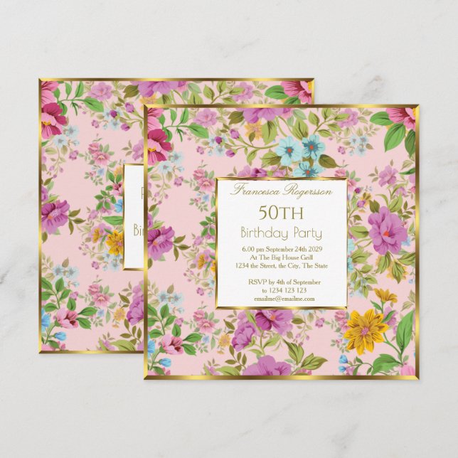 Invitation 50e Fête d'anniversaire du jardin floral rose colo (Devant / Derrière)