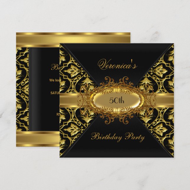 Invitation 50e fête d'anniversaire Gold Black Damask invitati (Devant / Derrière)