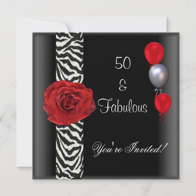 Invitation 50e fête d'anniversaire Noir Blanc Rouge Rose Zèbr (Devant)