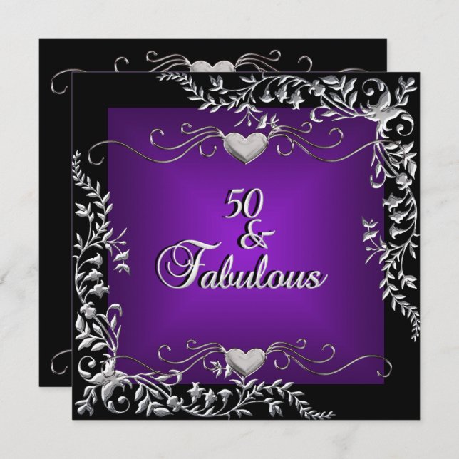 Invitation 50e fête d'anniversaire Noir brillant Profond viol (Devant / Derrière)