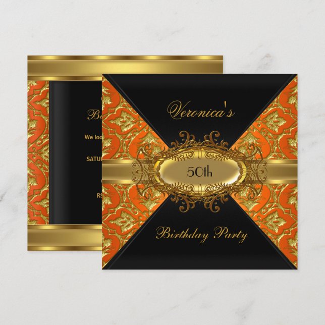 Invitation 50e fête d'anniversaire Orange Gold Black Damask (Devant / Derrière)