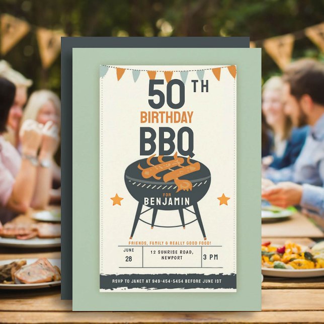 Invitation 50e fête d'anniversaire pour hommes Jardin BBQ Rus (50th birthday party ideas for men outside backyard bbq summer fun personalized invitation rustic fun)